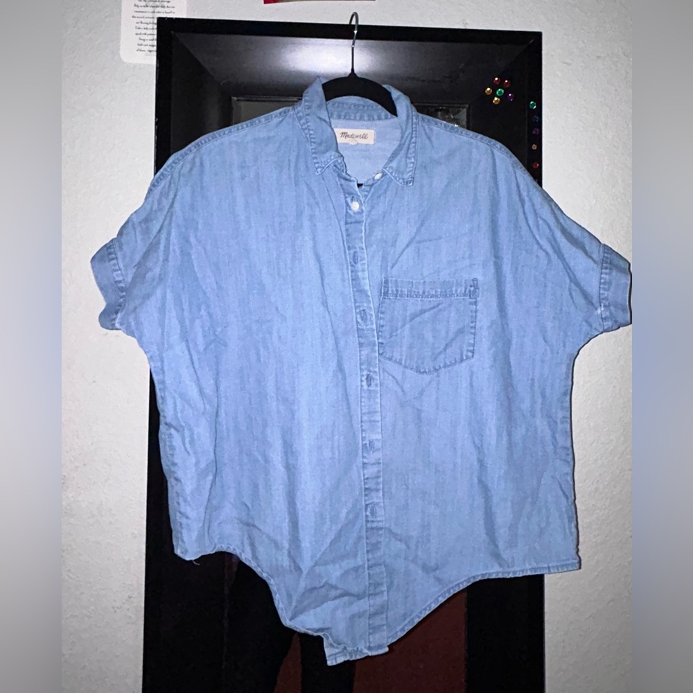 Madewell Womens Top S Blue Chambray Short Sleeve Button Front Tie Hemline Shirt